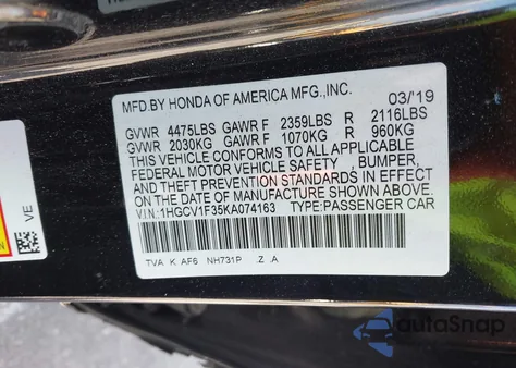 2019 Honda Accord Sport from USA, damaged, VIN 1HGCV1F35KA074163